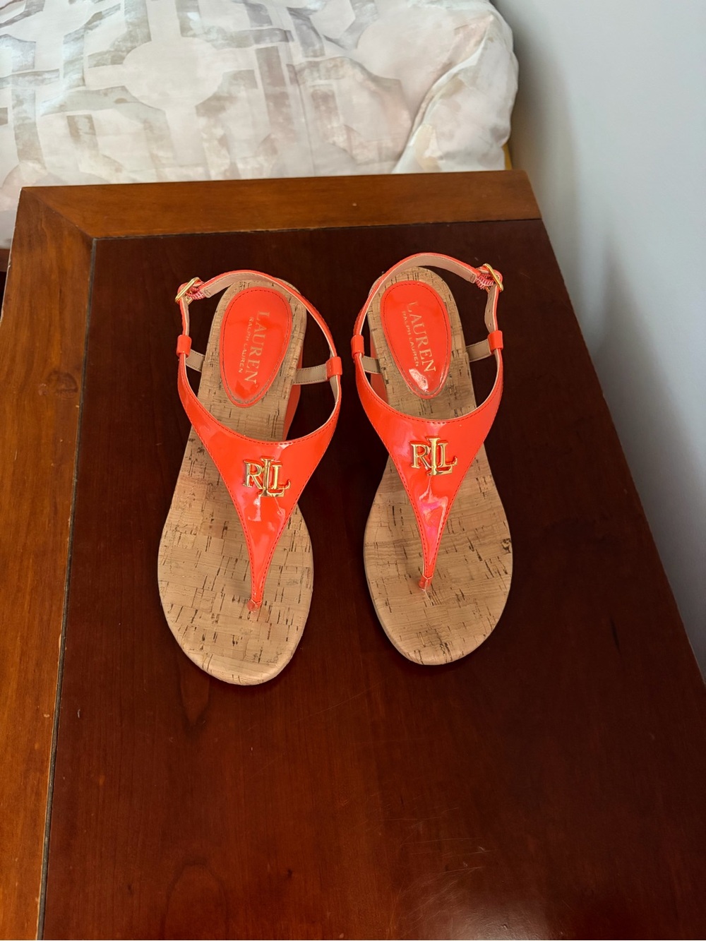Ralph Lauren Orange Sandal Wedge with Gold RL Accent